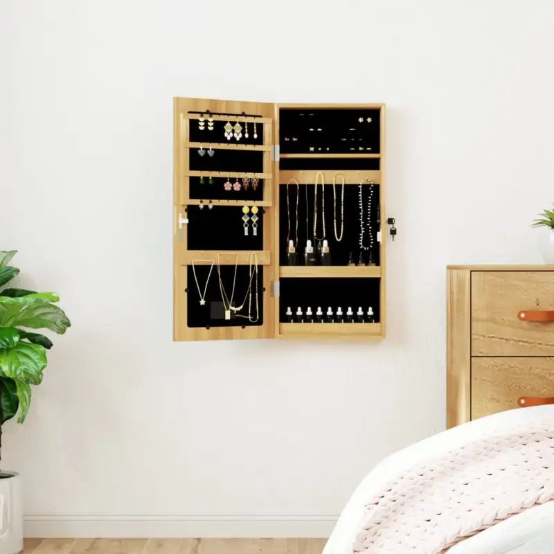 Trendy sieradenkast met LED-verlichting en bewerkt hout