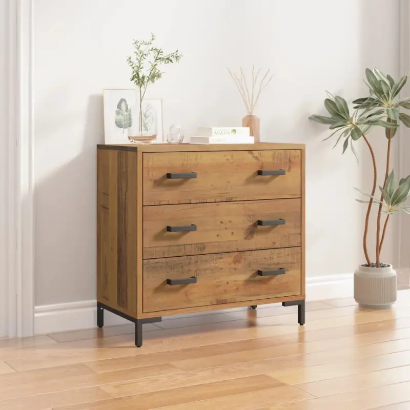 Vintage houten ladekast van massief grenenhout met metalen poten