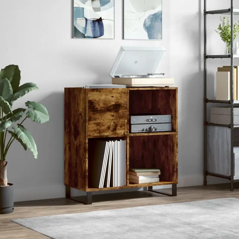 Vinylplaatkast met stevige blad en ijzeren poten van bewerkt hout