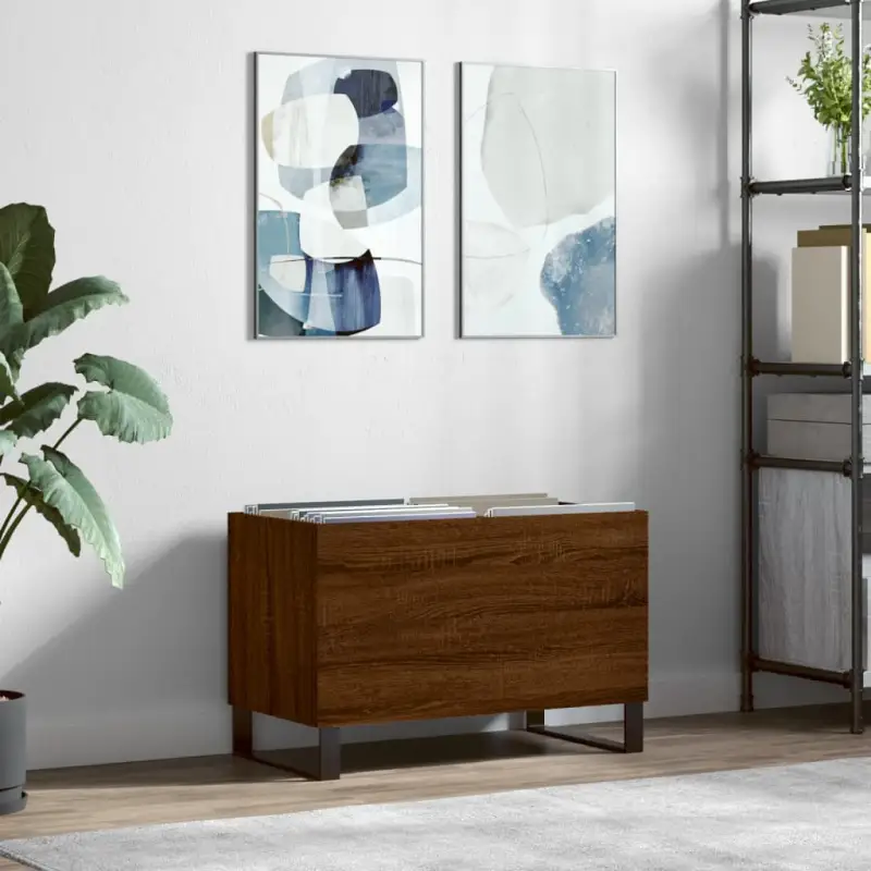 Vinylplaten kast met stevige blad en ijzeren poten van bewerkt hout