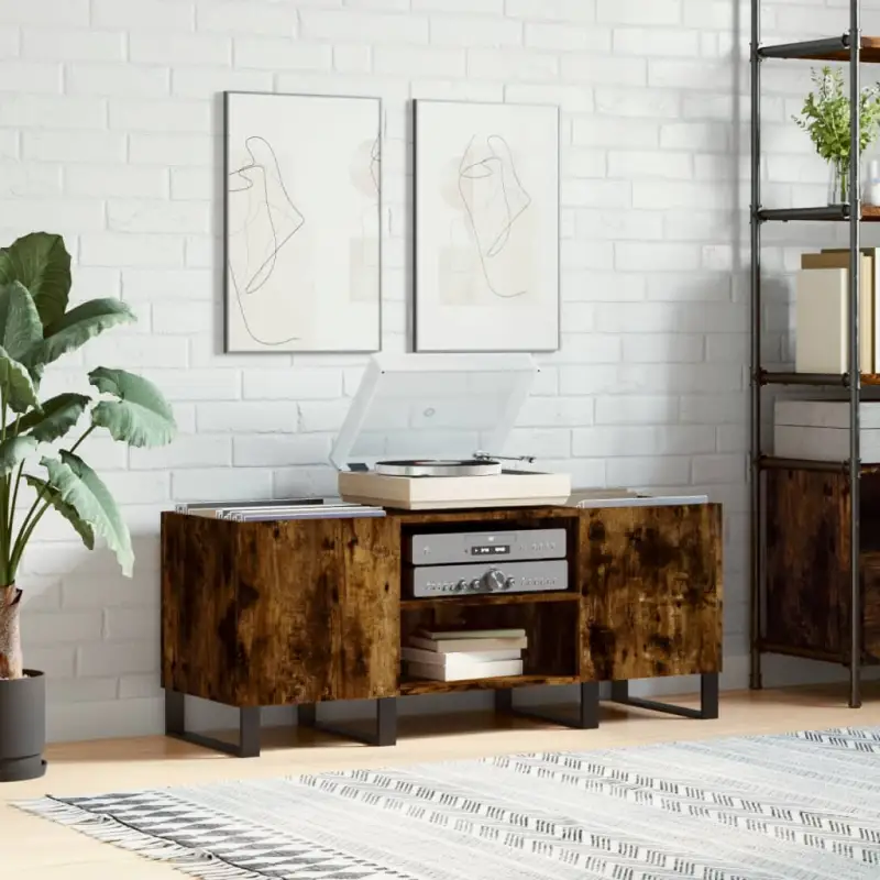 Vinylplatenkast met stevige blad en ijzeren poten van bewerkt hout